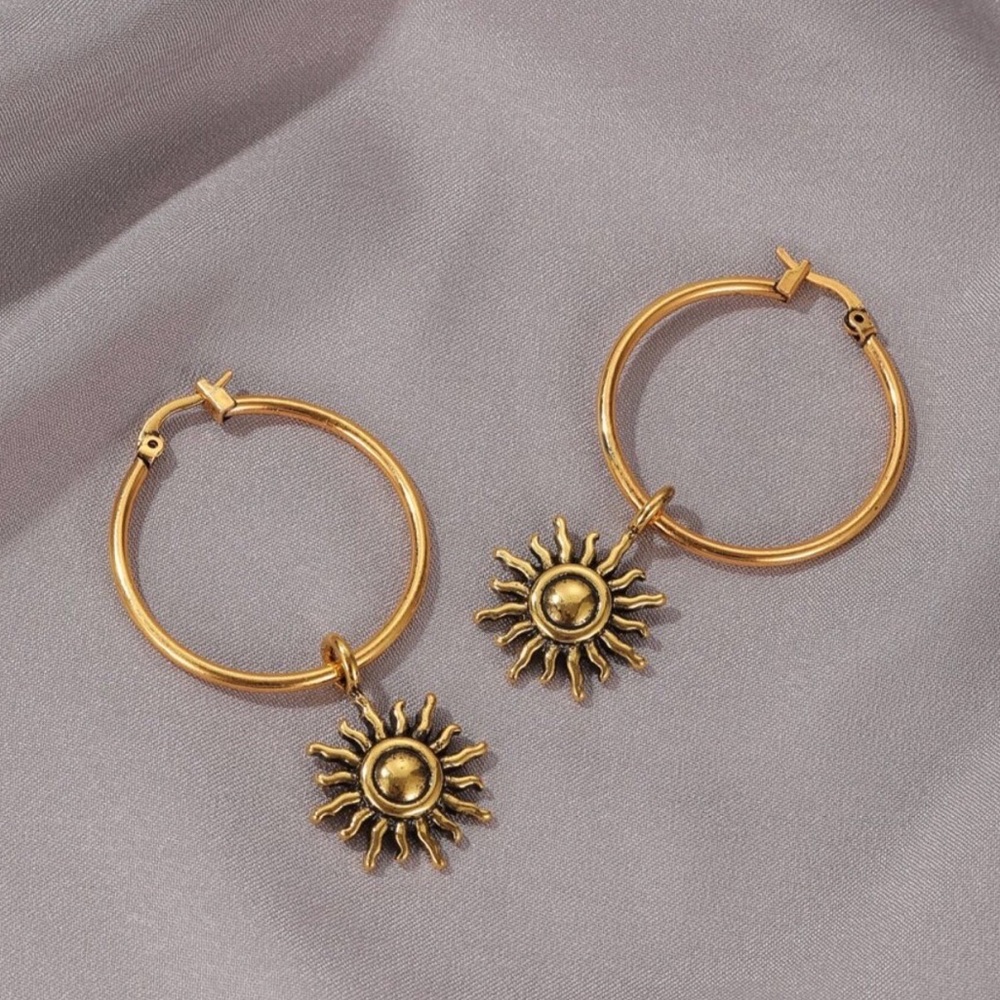 Any 2/$20! Bright Gold Sun Charm Hoop Earrings - Picture 3 of 7
